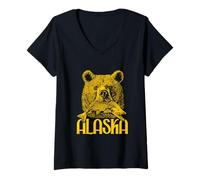 Femme Alaska Ours avec Un Poisson Saumon Alaska Nature Lover Vintage T-Shirt avec Col en V