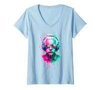 Femme Albert E Physicien Portant des écouteurs EDM Rave Design T-Shirt avec Col en V