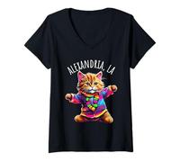 Femme Alexandria, Los Angeles, États-Unis, Motif Amusant et coloré de Chat Dansant. T-Shirt avec Col en V