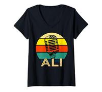 Femme Ali Microphone rétro avec nom Amusant des années 80 Vintage Lovers T-Shirt avec Col en V