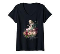 Femme Alice au pays des merveilles Alice Flower Bouquet T-Shirt avec Col en V