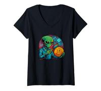 Femme Alien Analyser Bitcoin avec des Graphiques Données de Fond Crypto T-Shirt avec Col en V