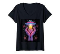 Femme Alien Contact Floral Cosmique Vie Invisible Mystère Céleste T-Shirt avec Col en V