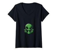 Femme Alien drôle d'extraterrestre enlèvement d'OVNI Cool montrant Un Signe de Paix T-Shirt avec Col en V