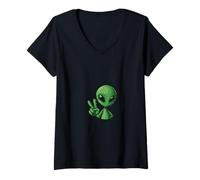 Femme Alien drôle d'extraterrestre enlèvement d'OVNI Cool montrant Un Signe de Paix T-Shirt avec Col en V