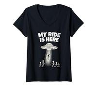 Femme Alien UFO My Ride is Here Funny Flying Saucer Men Women Kids T-Shirt avec Col en V