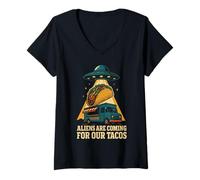Femme Aliens are Coming for Our Tacos UFO Humour T-Shirt avec Col en V