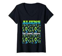 Femme Aliens : l'énigme Cosmique. Motif avec des extraterrestres T-Shirt avec Col en V