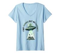 Femme Aliens UFO Extraterrestre Space Soucoupe Volante No Humanity T-Shirt avec Col en V