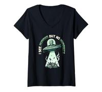Femme Aliens UFO Extraterrestre Space Soucoupe Volante No Humanity T-Shirt avec Col en V