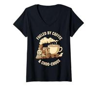Femme Alimenté par Coffee and Choo-Choos, Train Lover T-Shirt avec Col en V