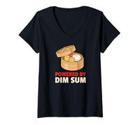 Femme Alimenté par Dim Sum - Funny Dumpling Foodie T-Shirt avec Col en V