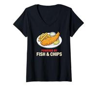 Femme Alimenté par Fish & Chips Funny Foodie T-Shirt avec Col en V