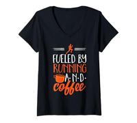 Femme Alimenté par la course à pied et le marathon café entraînement gym fitness T-Shirt avec Col en V