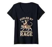 Femme Alimenté par la Rage ménopausique, Axe Cat Rider Funny Menopause T-Shirt avec Col en V