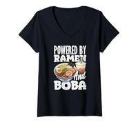 Femme Alimenté par Le thé aux Bulles Ramen et Boba T-Shirt avec Col en V
