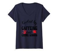 Femme Alimenté par les émissions de caféine et de crime T-Shirt avec Col en V