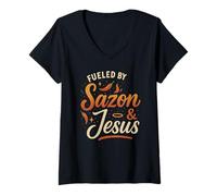 Femme Alimenté par Sazón & Jesus Latina Christian avec Foi et saveur T-Shirt avec Col en V