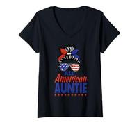 Femme All American Auntie Sunglasses USA Flag 4th of July T-Shirt avec Col en V