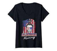 Femme All American Mommy Patriotic Messy Bun Skull USA 4th Of July T-Shirt avec Col en V