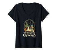 Femme All Booked for Christmas Cozy Holiday Book Lover Graphic T-Shirt avec Col en V