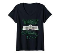 Femme All I Want for Christmas is to Live in Peperley Austen Meme T-Shirt avec Col en V