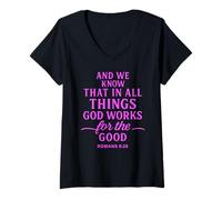 Femme All Things Work Together for Good Romans 8:28 Verse biblique T-Shirt avec Col en V