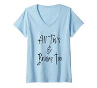 Femme All This & Brains Too - Inscription Noire T-Shirt avec Col en V