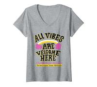 Femme All Vibes are Welcome Here Message Positif T-Shirt avec Col en V