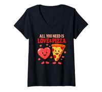 Femme All You Need is Love and Pizza Funny Cute Food Couple Art T-Shirt avec Col en V
