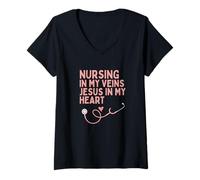 Femme Allaitement dans Mes veines Jésus dans Mon cœur infirmière T-Shirt avec Col en V