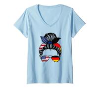 Femme Allemagne Deutschland Messy Bun Drapeau Allemand Maman Filles T-Shirt avec Col en V