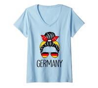 Femme Allemagne Deutschland Messy Chignon Drapeau Allemand Maman Enfants Filles T-Shirt avec Col en V