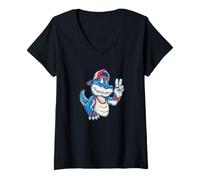 Femme Alligator Amusant dans Un Style de Dessin animé et des Couleurs américaines T-Shirt avec Col en V
