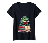 Femme Alligator Reading Books Matching Bookworm Readers Bibliothécaire T-Shirt avec Col en V