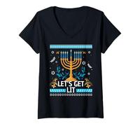 Femme Allumons-Nous, Joyeux Hanoukka, Menorah, Vilain Noël T-Shirt avec Col en V