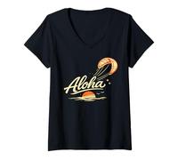 Femme Aloha Hawaï Cerf-Volant Surf Coucher de Soleil Océan Tropical Vibes T-Shirt avec Col en V
