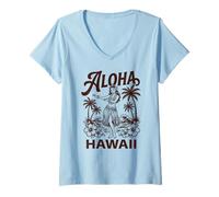 Femme Aloha Hawaii Hawaii Dancer Palmiers Hibiscus Vagues Hula T-Shirt avec Col en V