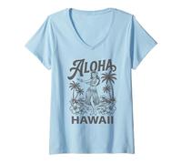 Femme Aloha Hawaii Hawaii Dancer Palmiers Hibiscus Vagues Hula T-Shirt avec Col en V