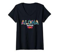 Femme Aloha Hawaii Hawaiian Hibiscus Flowers Tropical Vacation T-Shirt avec Col en V