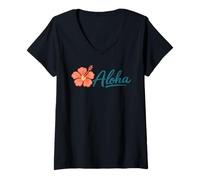 Femme Aloha Hawaii Hibiscus Fleur Hawaï Paradis Tropical hawaïen T-Shirt avec Col en V