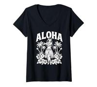 Femme Aloha Hawaii Retro Hula Dancer Palmiers Ukulélé Hibiscus T-Shirt avec Col en V
