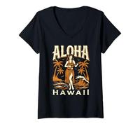 Femme Aloha Hawaii Vintage Hula Dancer Ukulélé Palmiers Océan T-Shirt avec Col en V