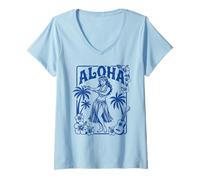 Femme Aloha Hula Dancer Hibiscus Palmiers Ukulélé Rétro Girl Art T-Shirt avec Col en V
