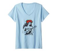 Femme Aloha Ukulélé Hula Haku Lei Hawaii T-Shirt avec Col en V