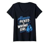 Femme Alopecia Warrior Strong Girl Empowerment Awareness Bleu T-Shirt avec Col en V