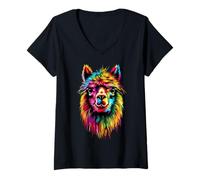 Femme Alpaga Pop Art Couleurs Colorées Lama Arc-en-Ciel Alpaga T-Shirt avec Col en V