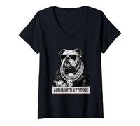 Femme Alpha with Attitude - Dapper Bulldog Boss Canine Swagger T-Shirt avec Col en V