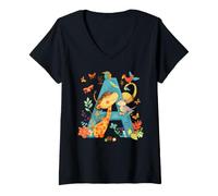 Femme Alphabet A Cute Girafe Souris Oiseaux Papillons Art T-Shirt avec Col en V