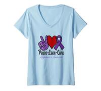 Femme Alzheimer's Peace Love Cure signe de paix cœur ruban violet T-Shirt avec Col en V